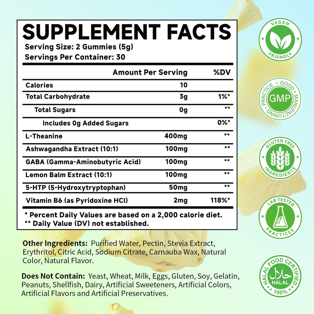 L-Theanine Gummies, 400mg l'theanine Chewable Supplement with Ashwagandha, GABA, Lemon Balm, 5-HTP, Vitamin B6, Support Zzz, Relax & Emotion, Vegan, Non-GMO, Sugar Free, Pineapple Flavor, 60 Count