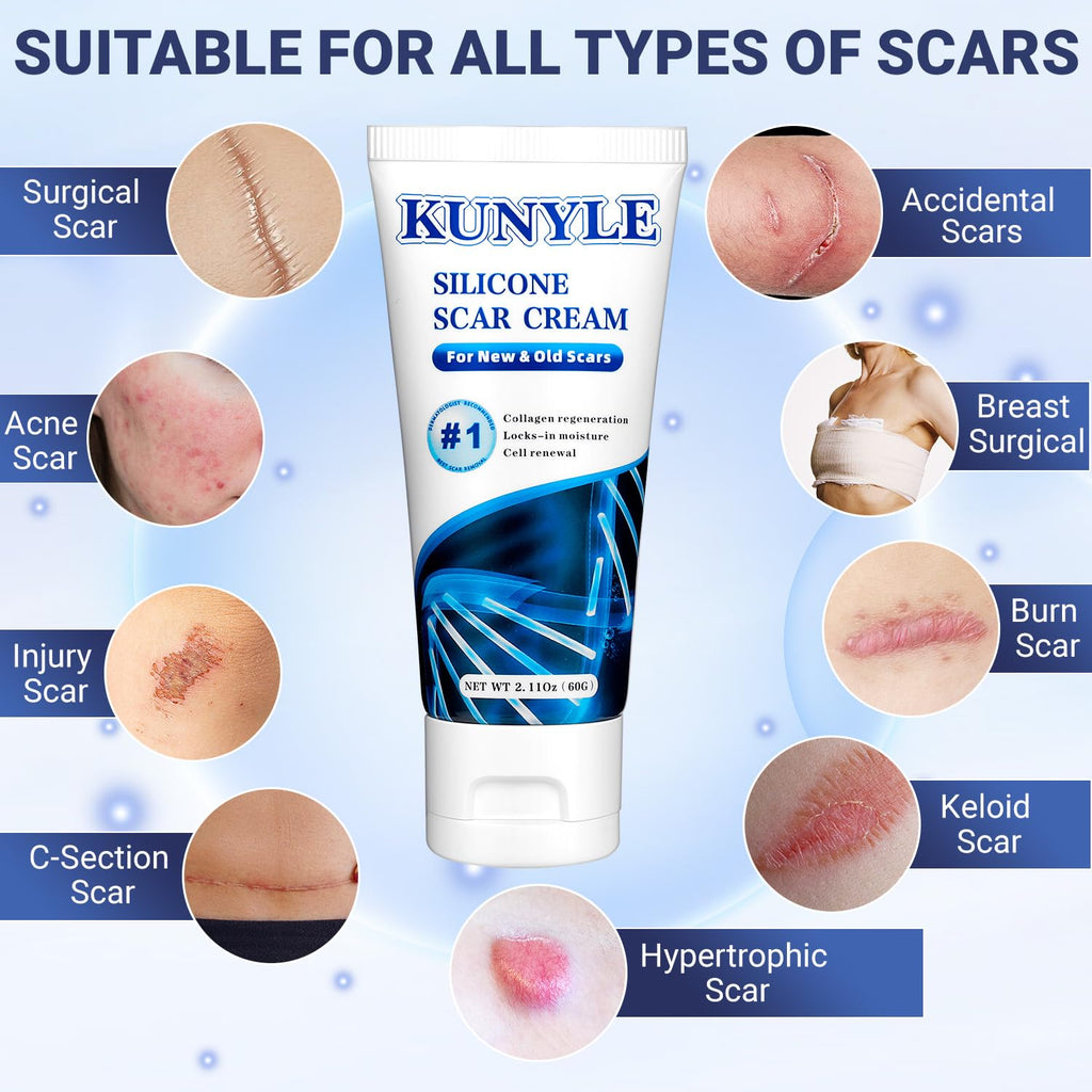 Kunyle Scar Cream, Silicone Scar Gel, Advanced Scar Removal Cream for Surgical Scars, Stretch Marks Removal, Keloid Bump Removal, Old and New Scars 2.11 Oz (60g)