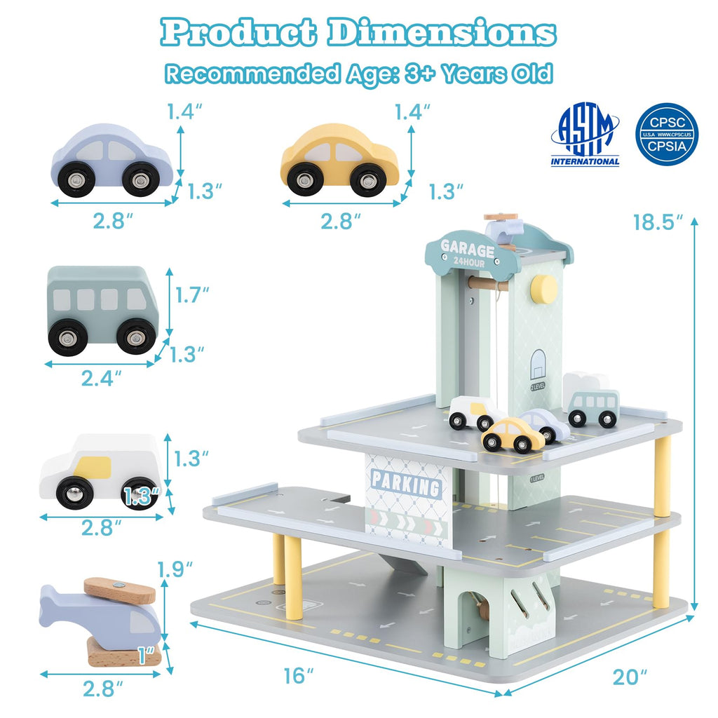GLACER Wooden Garage Playset, Toddler Parking Garage Toy w/Elevator, Helipad, Wash Center, Charging & Gas Station, Pretend Vehicle Center for Kids 3+ Years Old