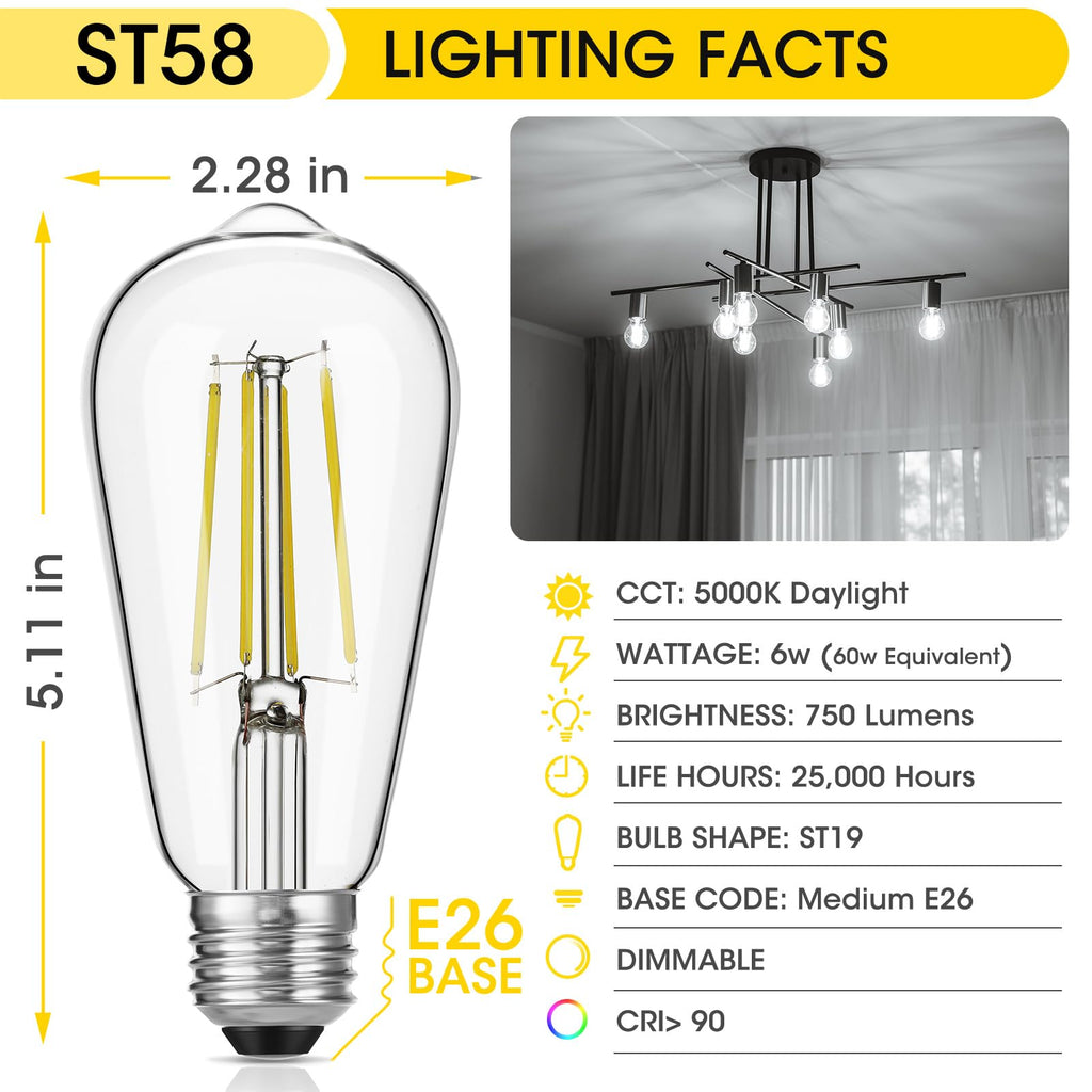 Gozelux LED Edison Bulbs 6W, Equivalent 60W, High Brightness Daylight White 5000K, 750 Lumens, ST58 Vintage LED Filament Bulbs with 90+ CRI, E26 Base, Dimmable, Clear Glass, Pack of 8
