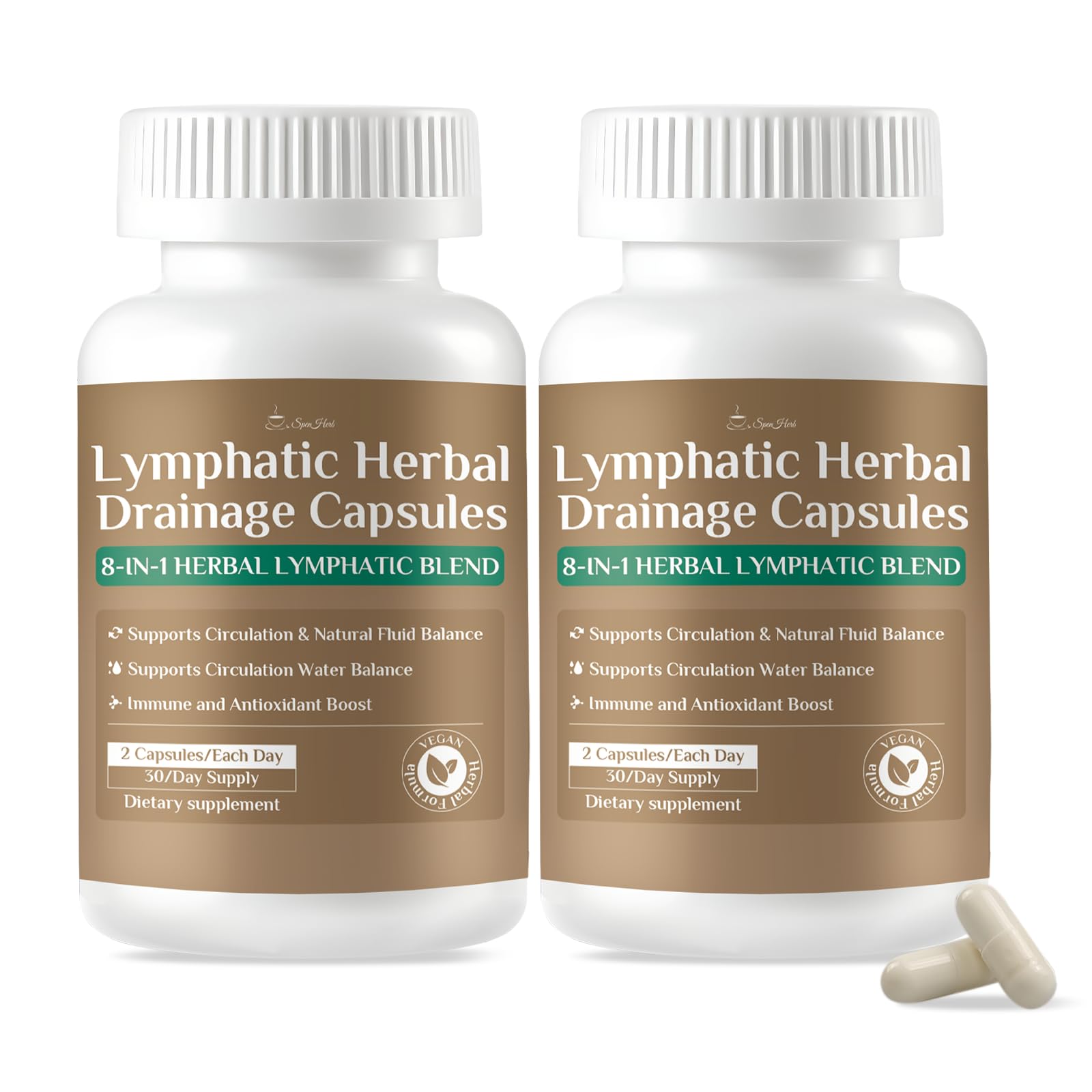 SpenHerb Lymphatic Drainage Capsules Supplements, 8-in-1 Herbal Lymphatic Blend Support Circulation and Natural Fluid Balance, Non-GMO Pure,120 Capsules/2 PCS
