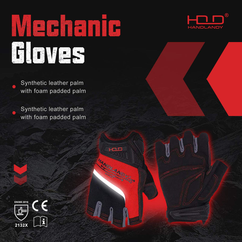 HANDLANDY Fingerless Work Gloves for Men, Half Finger Working Glove Grip Shock-Absorbing Breathable Uwrist TPR Anti-collision Gloves for Mens & Women (L)