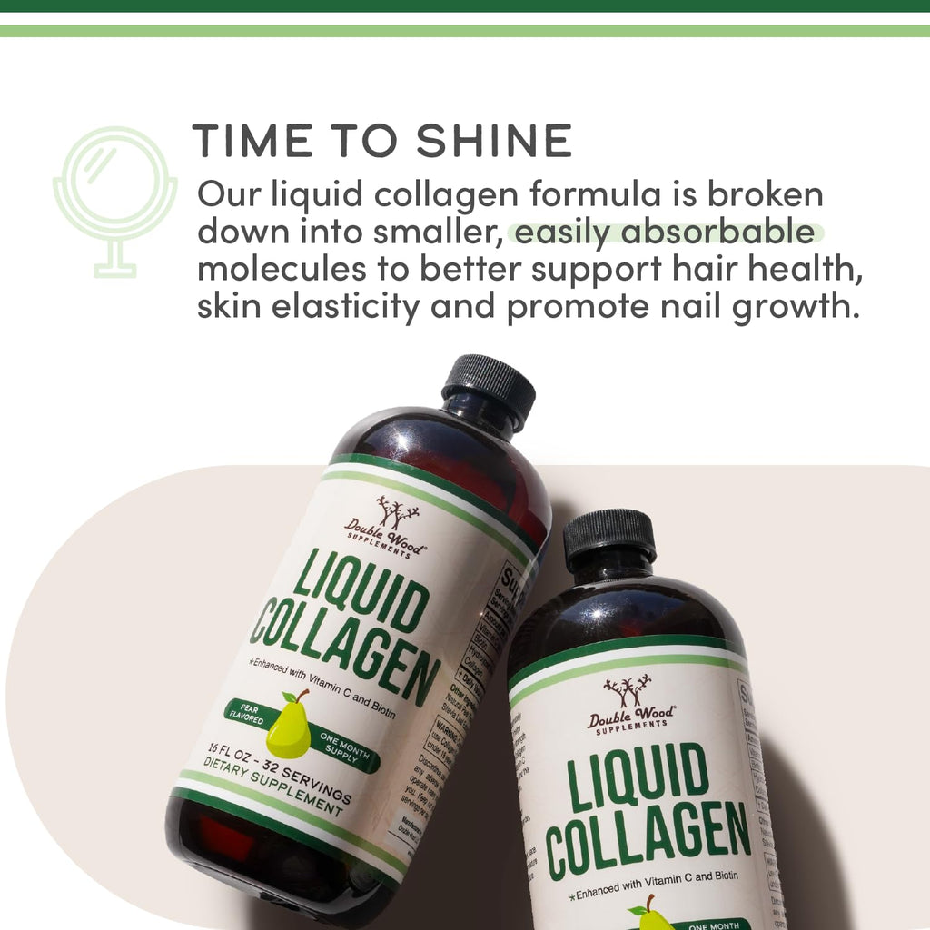 Double Wood Supplements Premium Liquid Collagen - 2500mg of Hydrolyzed Bovine Collagen (Type 1, 3 and Grassfed) - 32 Servings - for Women and Men - 30 mcg of Biotin - Sugar Free Pear Flavor