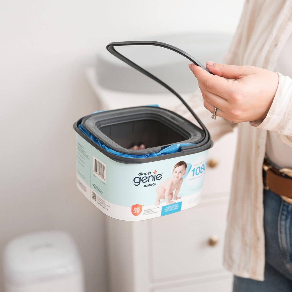The Diaper Genie Jumbo+ Square Refill, with continuous film, can hold up to 1080 newborn-sized diapers per refill.
