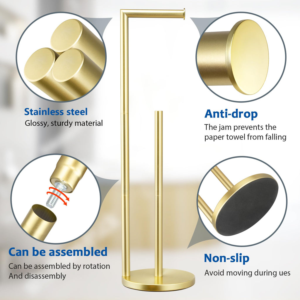Toilet Paper Holder Stand, Bathroom Toilet Paper Roll Holder Stand with Reserve, Standing Toilet Paper Holder with Storage,Toilet Paper Roll Holder for 4 Rolls, Gold