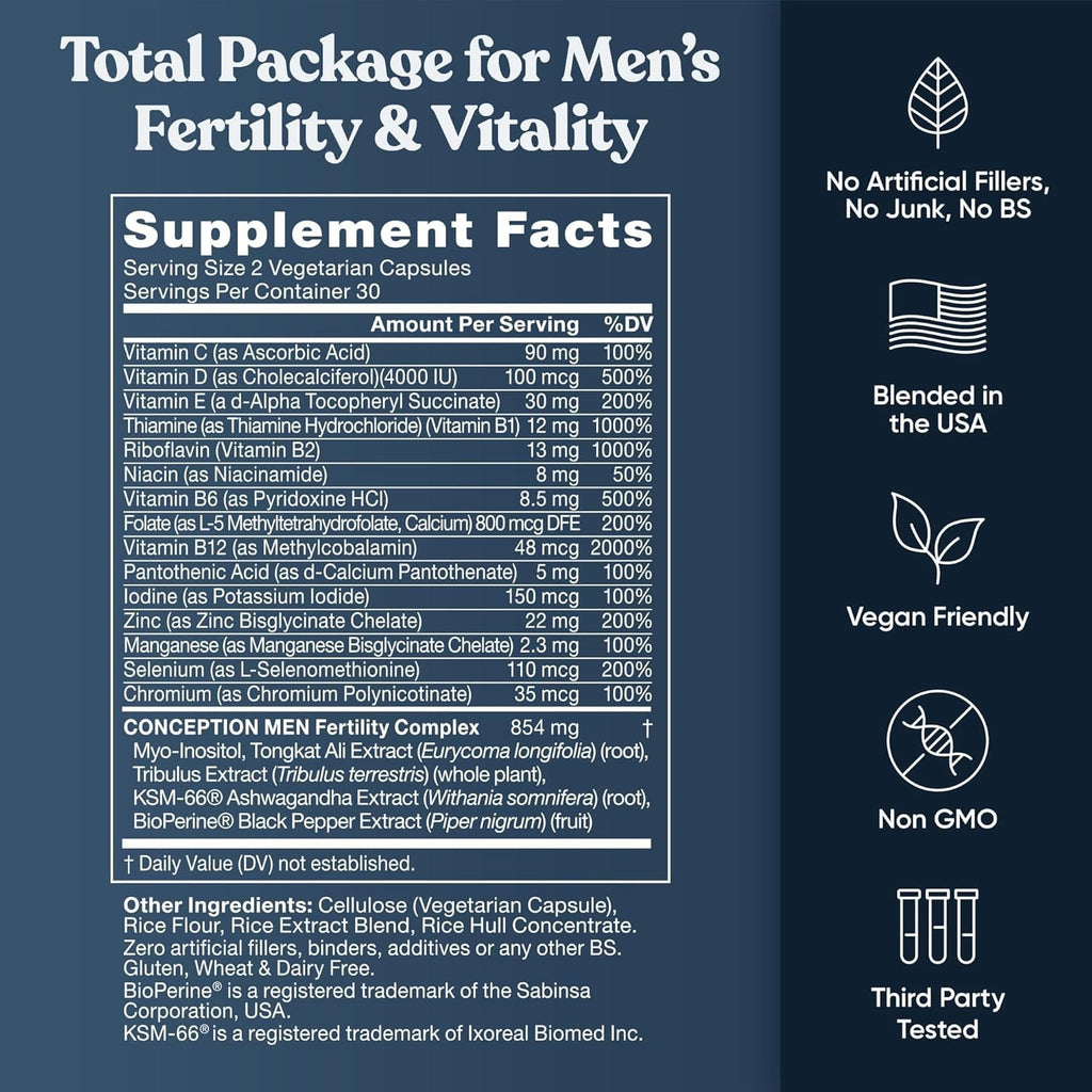 Eu Natural Conception for Him - Male Fertility Supplements with Ashwagandha, Folate & Zinc - Sperm Count, Motility & Strength Support - Fertility Support for Men, 60 Vegetarian Capsules