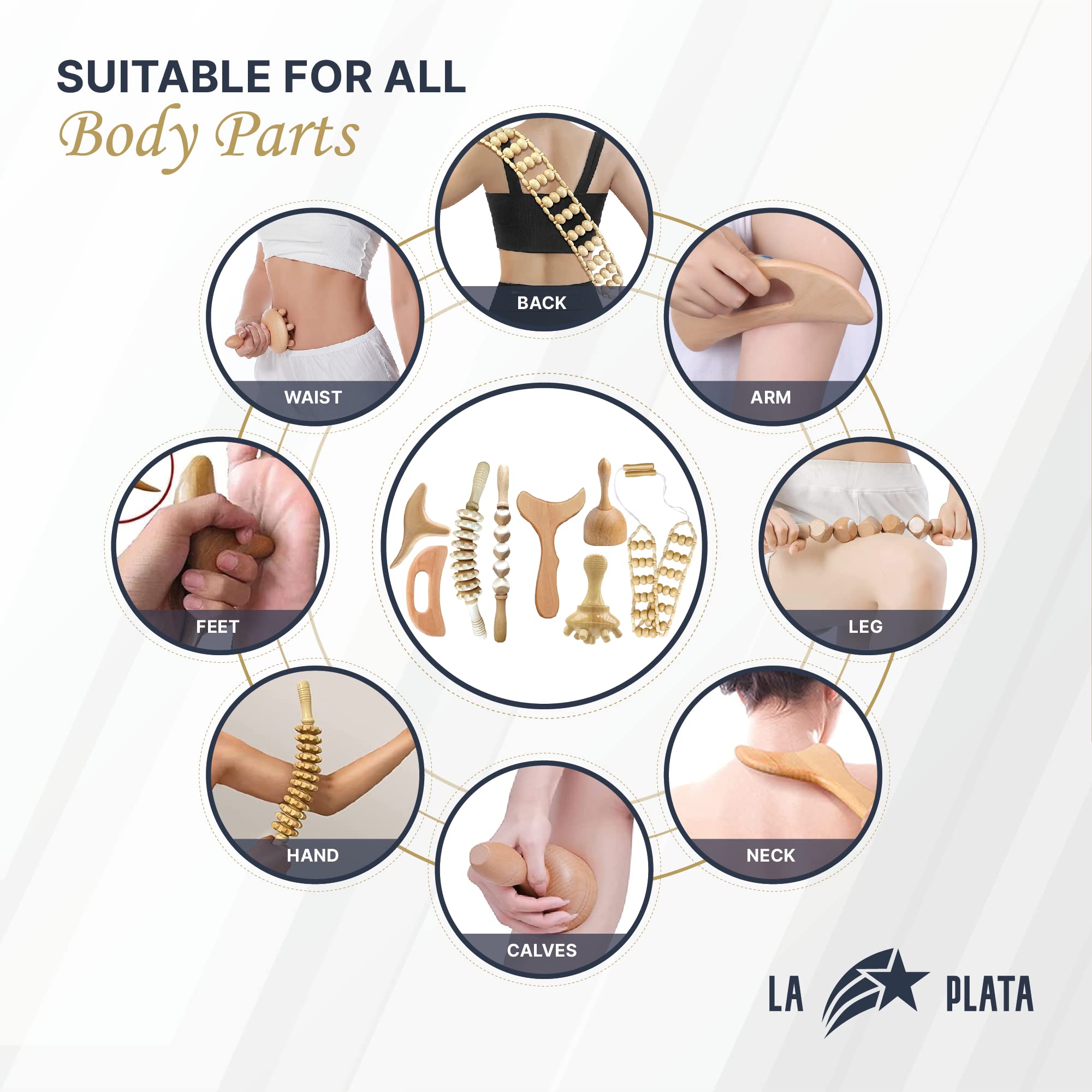 La Plata Wood Therapy Massage Tools -Lymphatic Drainage Massage- Maderoterapia Kit - Massage Body Sculpting Tools for Body Sculpting Anti-Cellulite