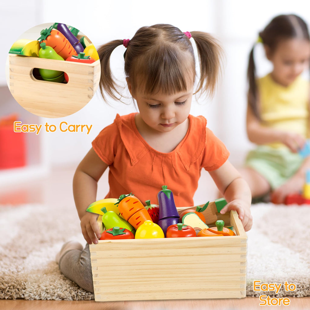 Wooden Play Food for Toddlers, Fruit & Veggies Cutting Set for Play Kitchen