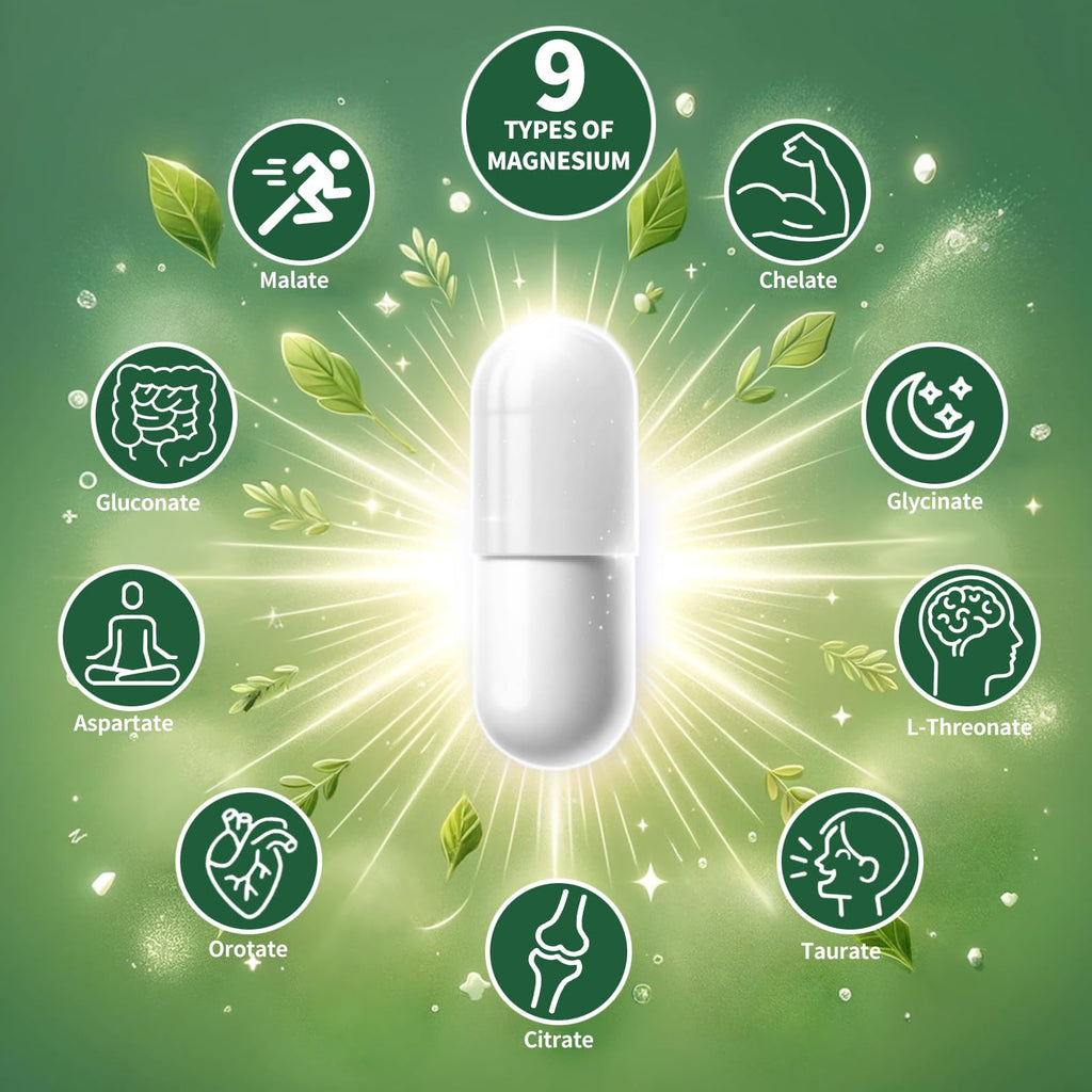 Magnesium Supplement with 9 Forms of High Absorption Magnesium Glycinate, L-threonate, Citrate, Malate and More for Muscle, Brain Support, Non-GMO, Gluten & Soy Free, 60 Capsules