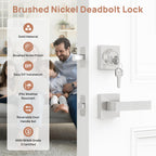 Camtek Front Door Lock Set with Deadbolt, Exterior Door Handle with Single Cylinder Deadbolt Lock, Flat Square Passage Brushed Nickel Door Locks for Front Door, 3 Pack (All Same Keyed Alike)