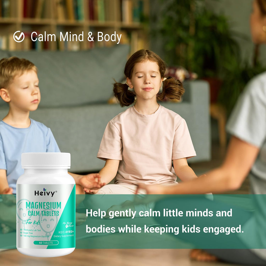 Heivy Kids Calming Supplement, Contains Magnesium Glycinate & Vitamin B6, Support Calm & Relax, Calm Mind and Body, Berry Flavor for Age 4+ (60 Servings), Vegan, Gluten-Free, Made in USA