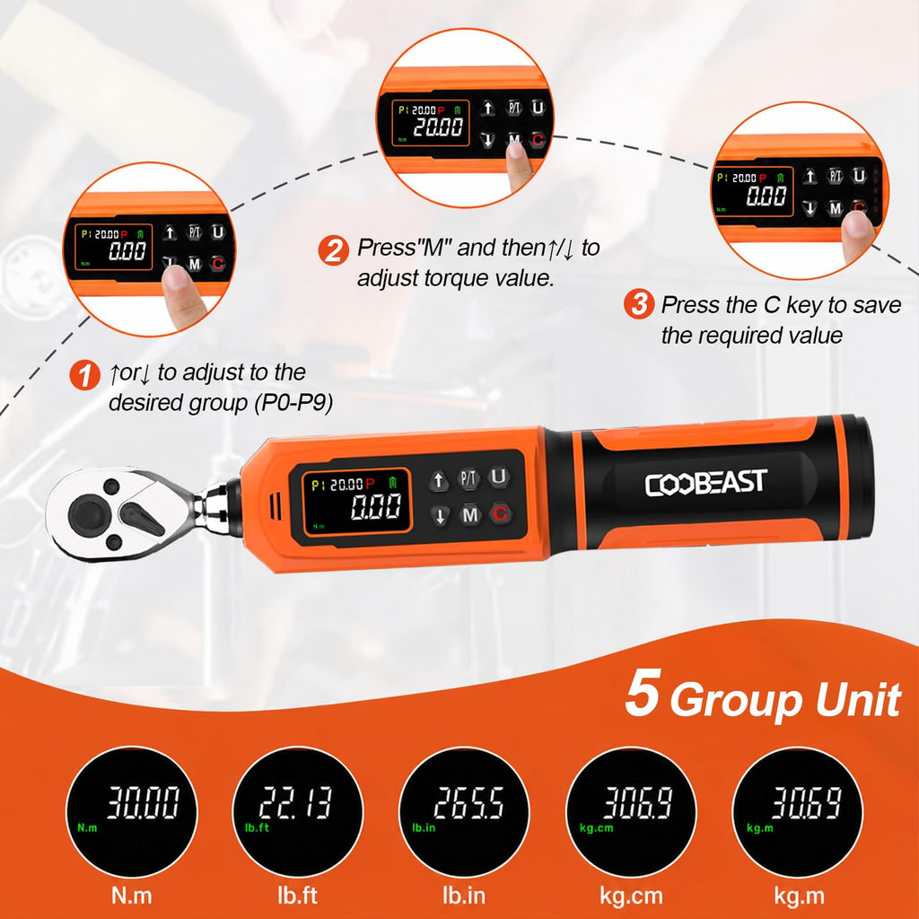 coobeast Digital Torque Wrench 1/4 Drive, 0.33-22.1 Ft.lbs./0.45-30Nm Range, Electronic Torque Screwdriver with Dual Direction Ratchet, Buzzer and LED Alert for Bicycle, Bike, DIY and Home Repair