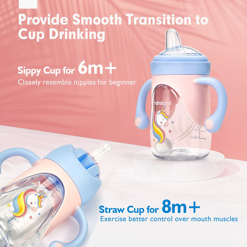 hahaland Sippy Cups for Toddlers 1-3 2-in-1 Unicorn Spout & Straw Sippy Cup