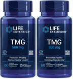 Life Extension TMG 500 mg – Trimethylglycine Supplement – Encourages Healthy Homocysteine Levels – Gluten-Free – Non-GMO – Vegetarian – 60 Liquid Vegetarian Capsules (Pack of 2)
