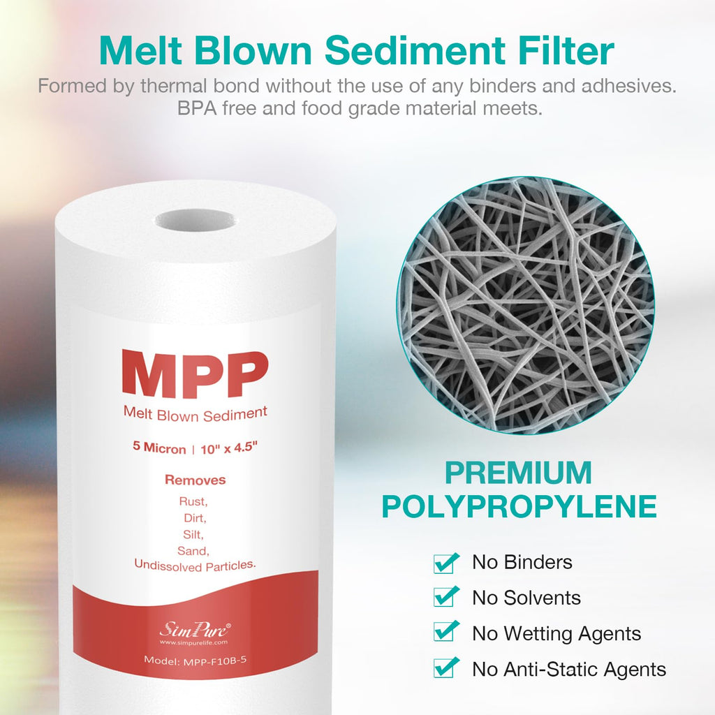SimPure Sediment Water Filters, 5 Micron 10" x 4.5" Whole House Water Filter Replacement Compatible for W15-PR, DGD-5005, FP15B, HD-950A, GXWH35F, GXWH30C for Well Water, 4 Pack
