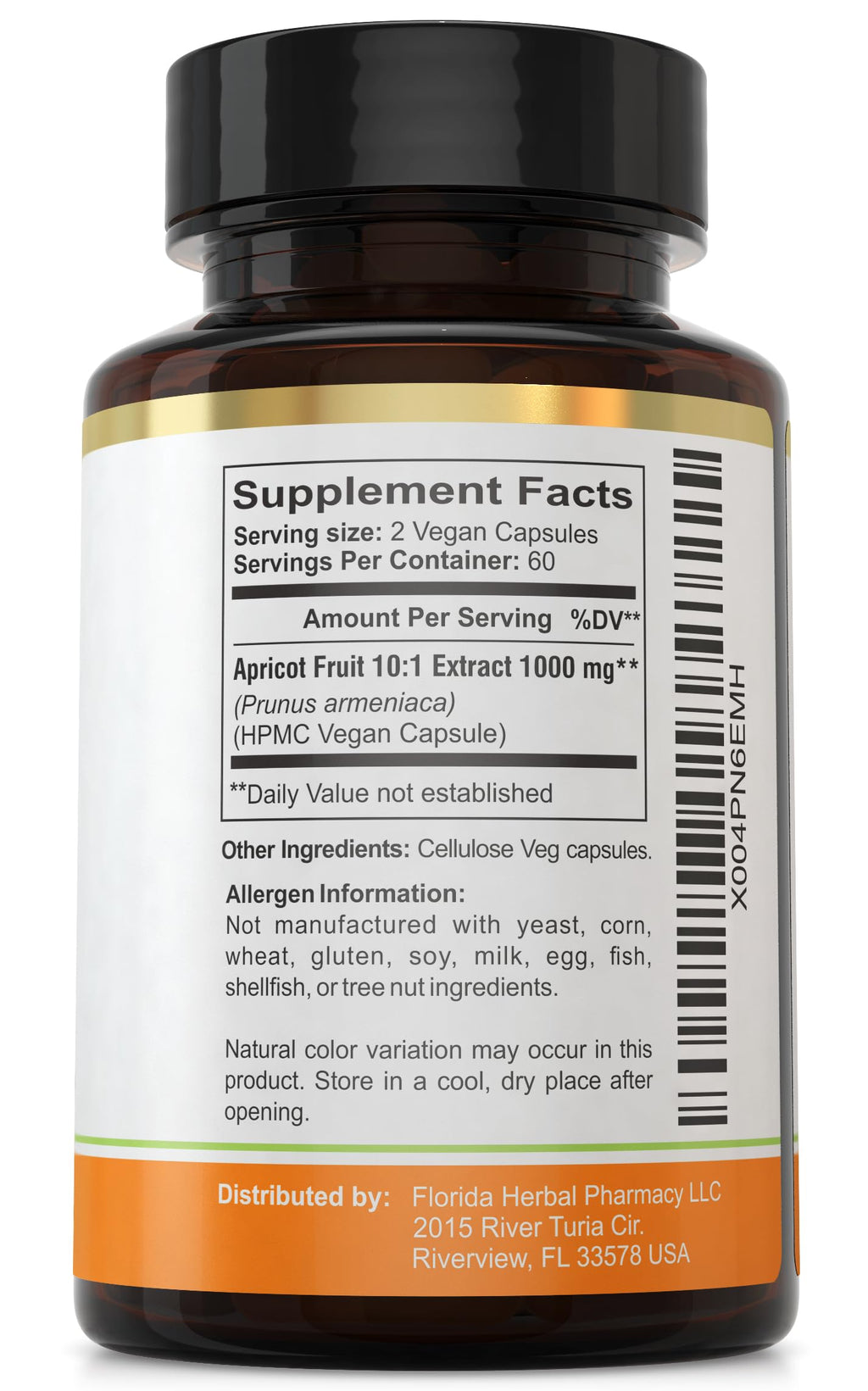 Florida Herbal Pharmacy Apricot Supplement Capsules 10:1 (120 Capsules) 500 mg per Capsule, 1000 mg Serving