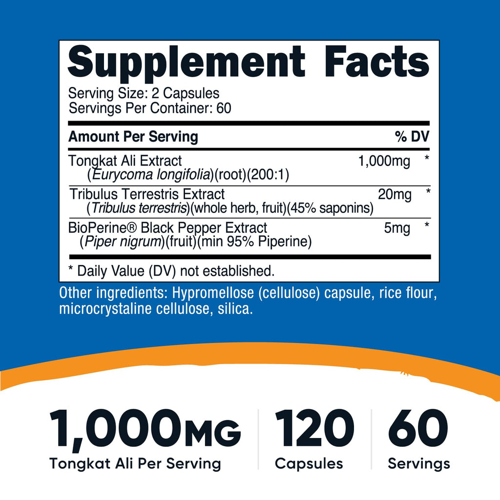 Nutricost Tongkat Ali 1,000mg 120 Capsules - with Tribulus Terrestris and BioPerine, Vegetarian Caps, Non-GMO, Gluten Free, Potent Extract
