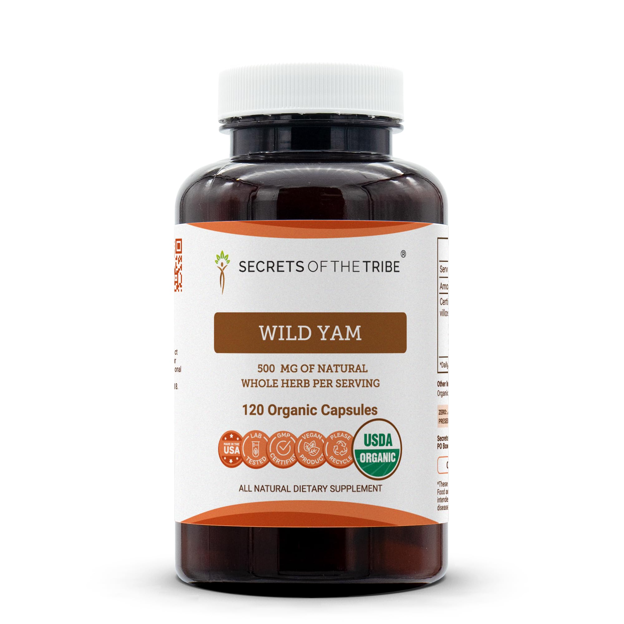 Secrets of the Tribe Wild Yam Capsules 500 mg Responsibly farmed USDA Organic Wild Yam (Dioscorea Villosa) Dried Root, Hormone Support Supplement (120 Capsules)
