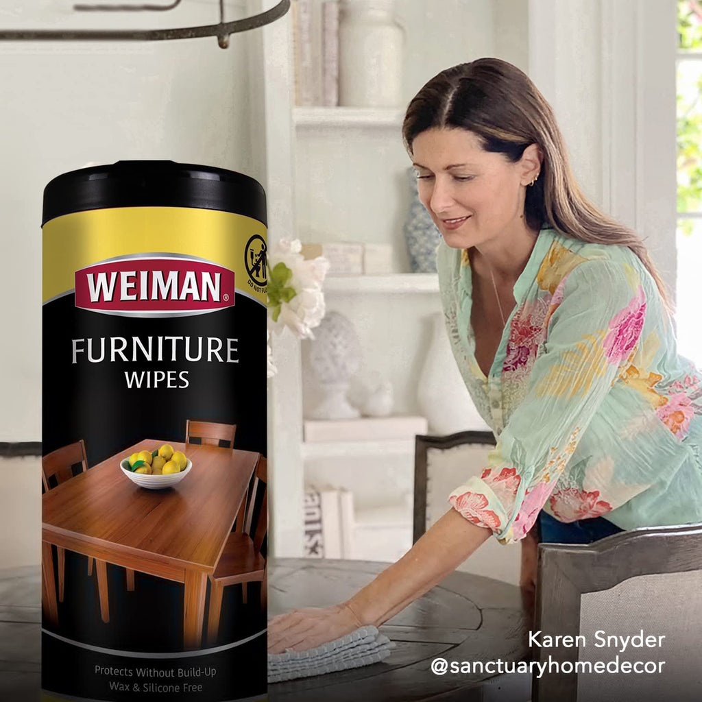Weiman Wood Polish and Cleaning Wipes, For Furniture Cleaner, Protect from Watermarks, Stains & Aging, No Build-Up, UVX-15 Prevent Drying, Fading & Discoloration, 2 Pack with Microfiber Cloth