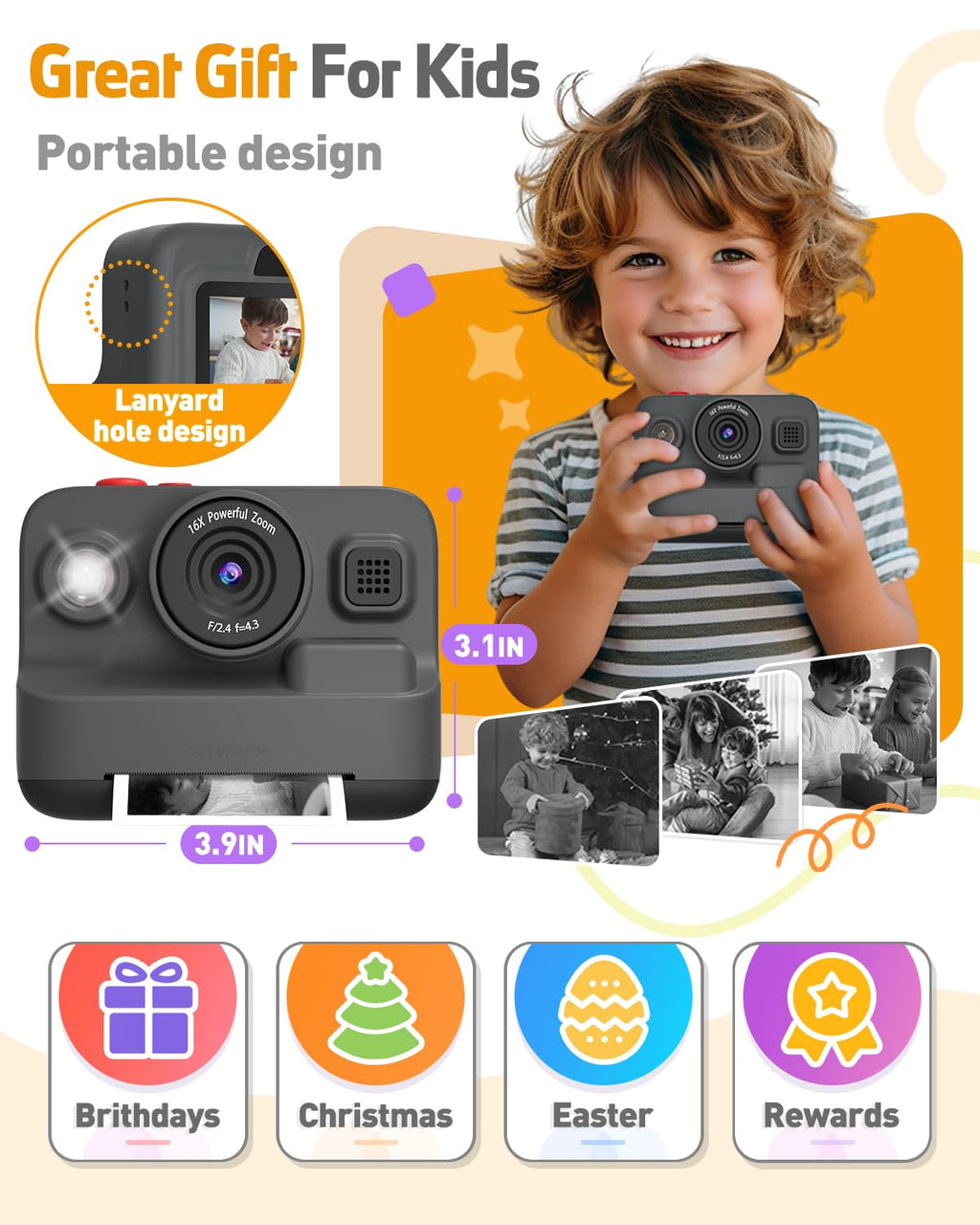 Yehtta Kids Camera Instant Print, Dual-Lens Selfie Camera for Kids, Black