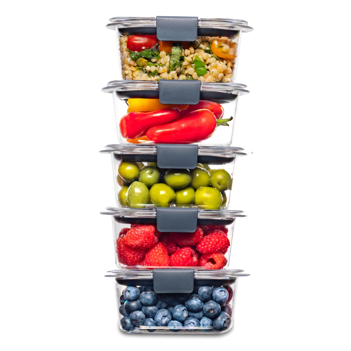 Rubbermaid Brilliance BPA-Free Food Storage Containers Multi Pack, 1.3 Cup Plastic Containers with Lids, 5 Pack, Leak Proof, Microwave & Dishwasher Safe