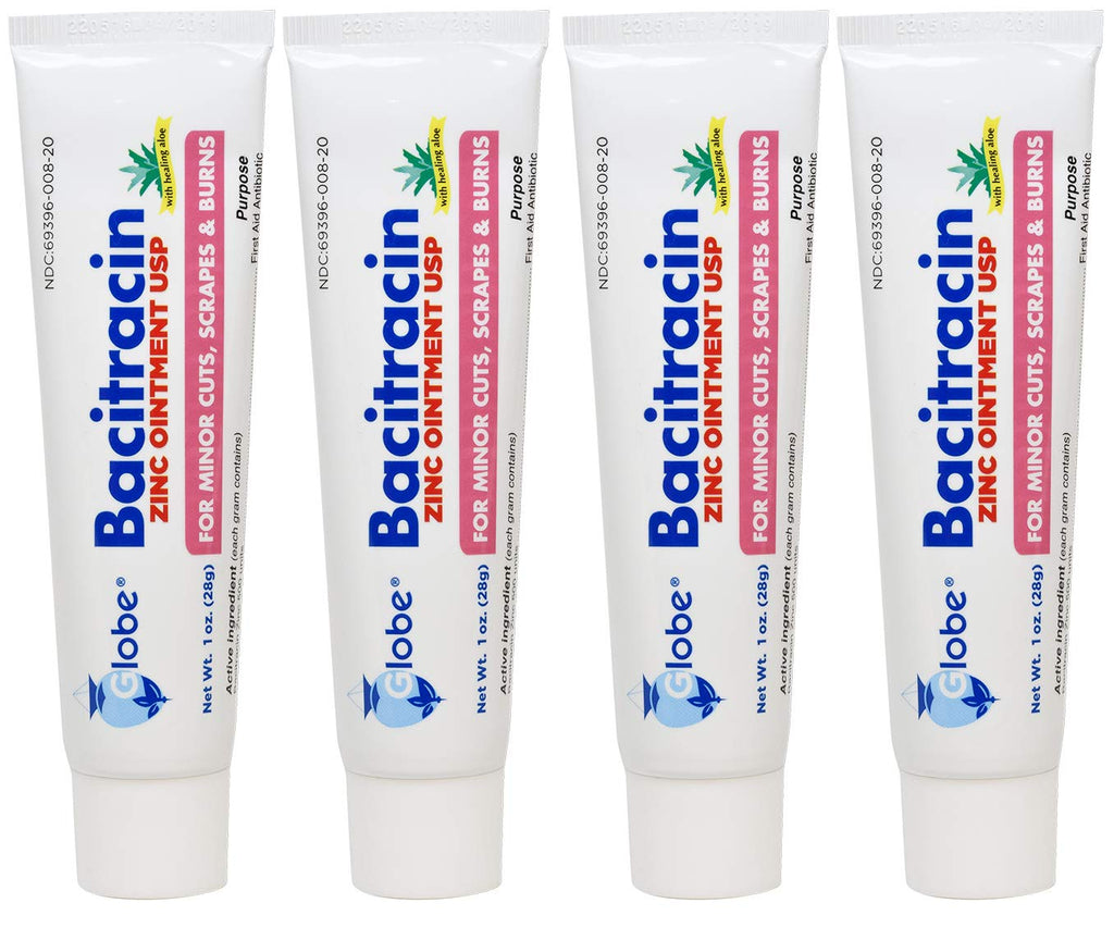 Globe Bacitracin Zinc Ointment with Aloe, Antibiotic Ointment, 4 Pack 1 oz