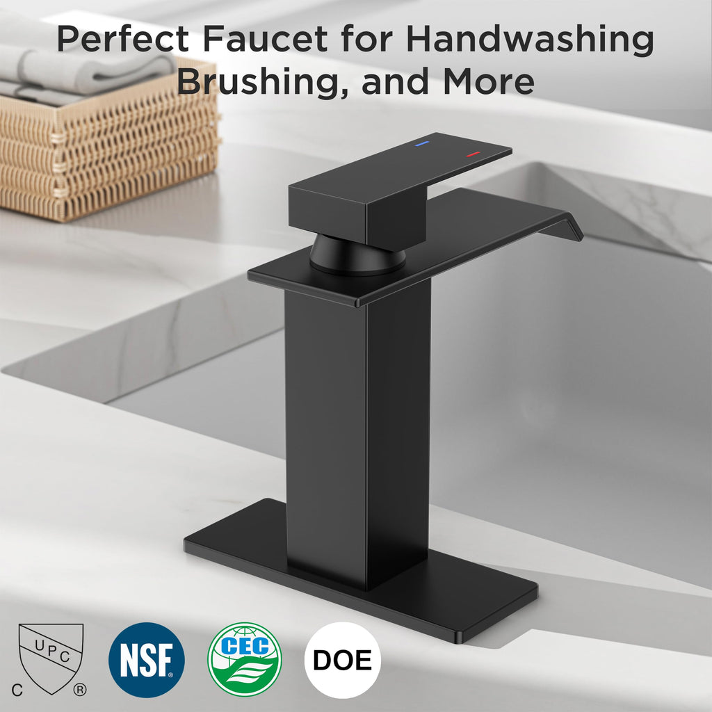 FORIOUS Bathroom Faucet Matte Black Modern Waterfall Bathroom Sink Faucet 1 or 3 Hole Single Handle with Deck Plate and Drain, Suitable for Vanity Rv Camper Commerical