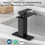 FORIOUS Bathroom Faucet Matte Black Modern Waterfall Bathroom Sink Faucet 1 or 3 Hole Single Handle with Deck Plate and Drain, Suitable for Vanity Rv Camper Commerical