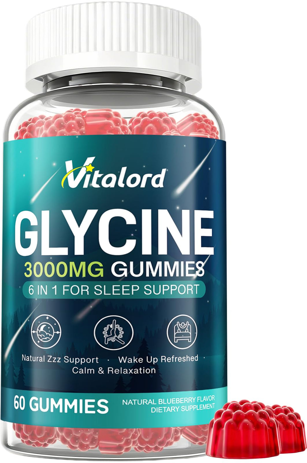 Glycine Gummies Sugar Free, Glycine Supplement for Adults, with L Alanine, L Theanine, Magnesium Glycinate, Vitamin B6 & Valerian Root Extract, for Adults, Blueberry Flavor, 60 Gummies