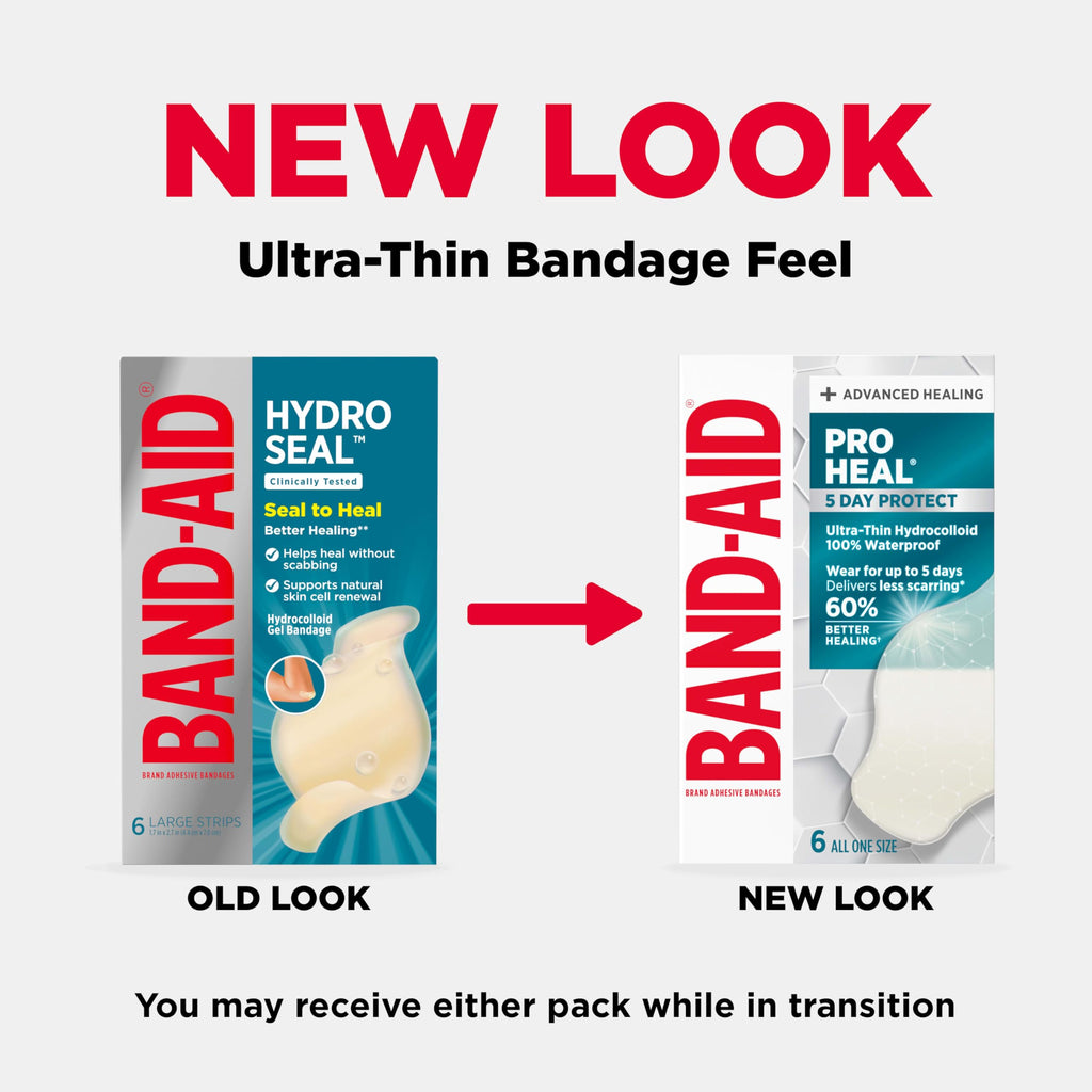 BAND-AID Brand Pro Heal 5 Day Protect, Ultra-Thin Hydrocolloid 100% Waterproof First Aid Adhesive Bandages for Advanced Healing and Less Scarring Versus Uncovered Wound, Large Size, 6 ct