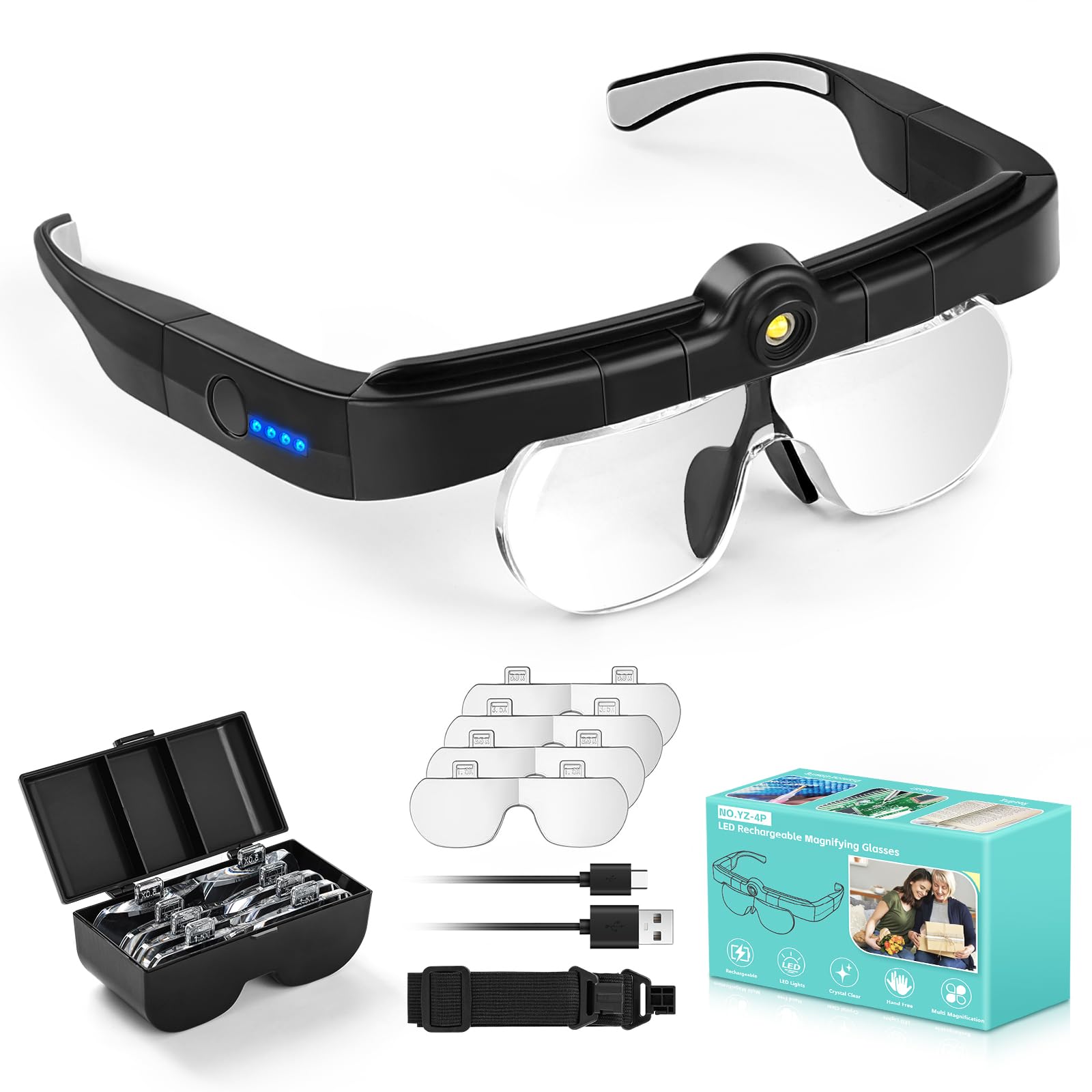 Magnifying Glass with Lights, Headband Hands Free Magnifying Glasses for Close Work, Flip-up Magnifier with 3 Color Temperature, 1.5X to 5.0X Lenses for Jewelry Crafts Soldering Repair (Black)