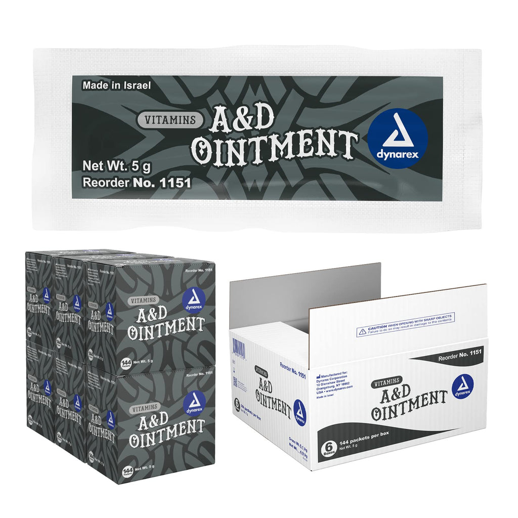 Dynarex Vitamins A&D Ointment Without Lanolin - Vitamin A and D Ointment Protectant for Minor Cuts, Burns, Diaper Rash & Dry Skin - 1 Case - 6 Boxes, 144 Packets/Box - 5g Packets