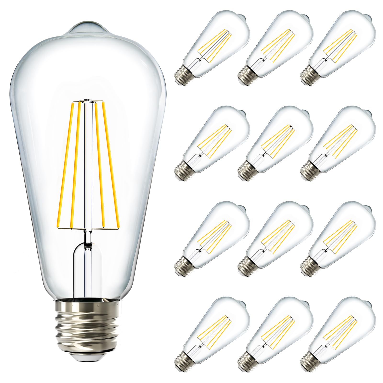 12 Pack Dusk to Dawn LED Outdoor Lights Bulb, ST64 Edison Style Automatic Light Sensing Bulbs, 800 LM, 7W (60W Equivalent), ST19, 3000K Warm White, E26 Base UL