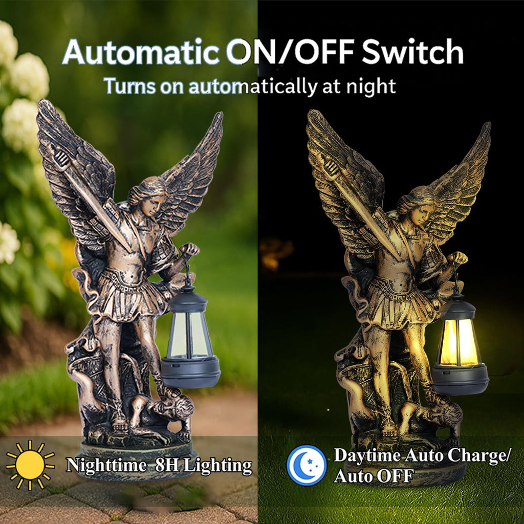 Solar San Miguel Arcangel Outdoor Garden Decor Statues 12.4" Solar St Michael the Archangel Satue for Yard Patio Lawn Porch Decorations Resin St Michael Figurine Religious Collection Sculptures Gifts