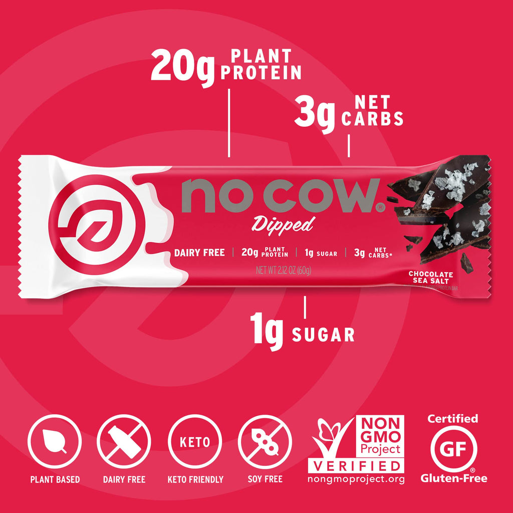 No Cow High Protein Bars, Chocolate Sea Salt - Healthy Snacks, 20g Vegan Protein, High Fiber, Low Sugar, Keto Friendly, Dairy & Gluten Free (12 Count)