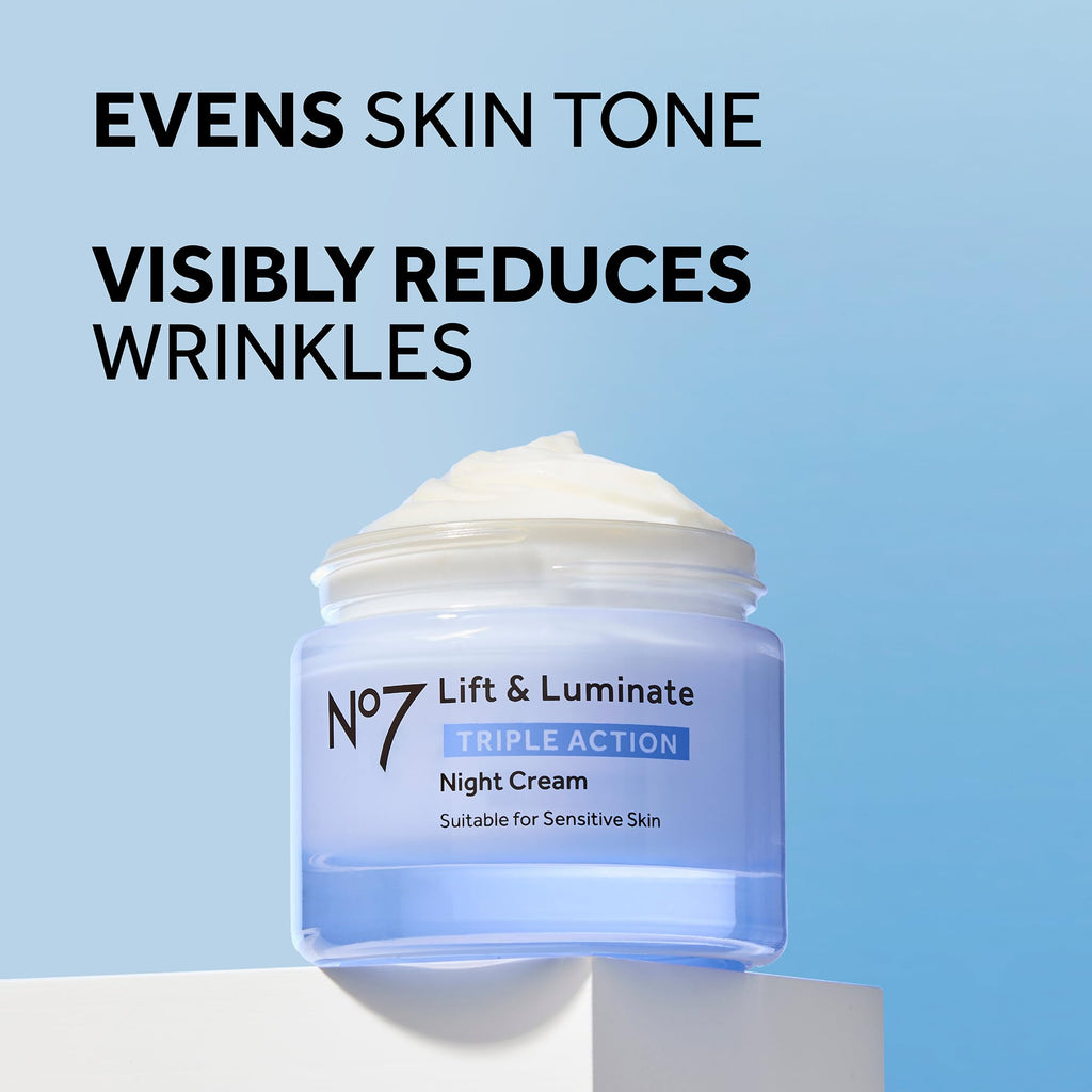No7 Lift and Luminate Triple Action Fragrance-Free Night Cream – Anti-Wrinkle Collagen Peptide Brightening Moisturizer with Hyaluronic Acid, Hibiscus, and Vitamin C (50ml)