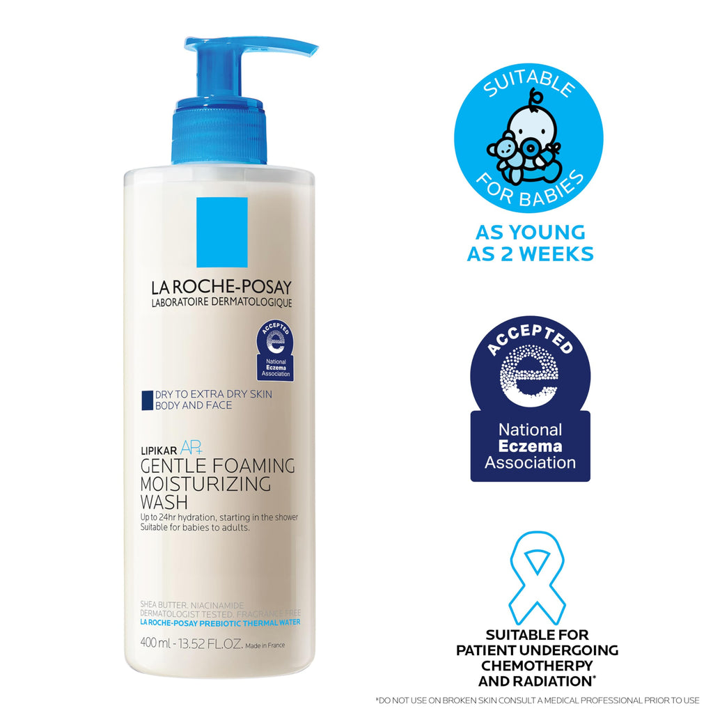 La Roche-Posay Lipikar AP+ Gentle Foaming Moisturizing Wash, Shea Butter + Niacinamide + Glycerin, Moisturizing Body Wash For Dry Skin, National Eczema Association Accepted, Soap Free