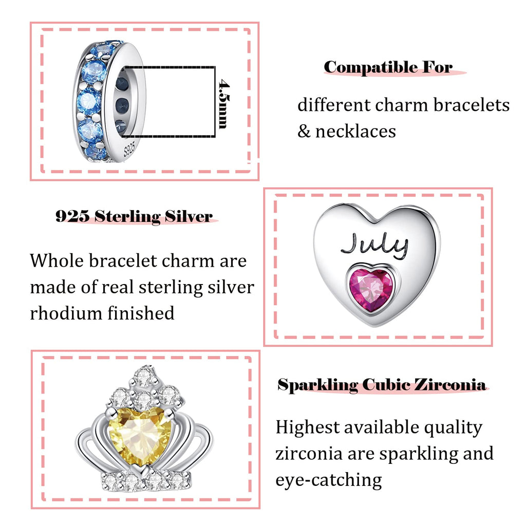 Birthstone Dangle Charms: 925 Sterling Silver Heart Bead Charms for Pandora Bracelets and Necklaces, Birthday Mother's Day Christmas Jewelry Gifts For Women (July)