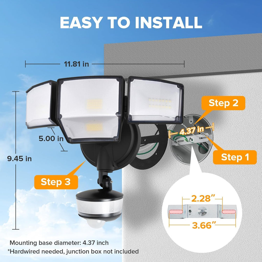 LUTEC 84W 9500LM LED Security Light Hardwire Motion Sensor Outdoor Lights with Night Light, 4 Head LED Flood Lights 5000K Daylight, IP65 Waterproof, Motion Detected Lights for Outside (Black)