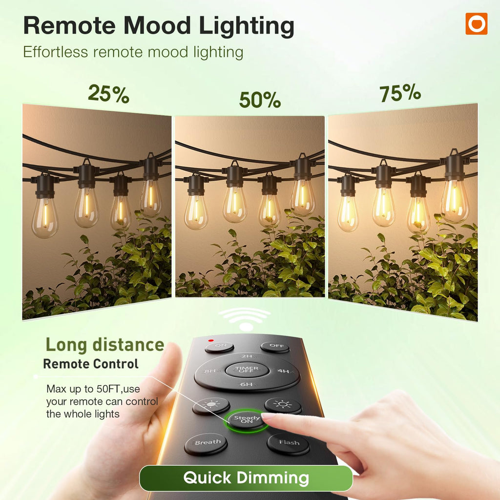 addlon 50FT LED Outdoor String Lights, Remote Dimmable Patio Lights with Timer & 3 Lighting Modes, 16 Shatterproof Edison Bulbs, Waterproof Connectable String Lights for Outside Backyard Party Décor