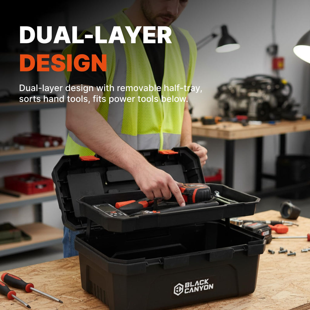 Black Canyon Tool Box - 19 Inch Plastic Dual-Layer Design, 44 lbs Load Capacity Portable Tool Box, Ergonomic Handle, Stackable & Top-Lid Storage, Perfect for DIY, Workshop & Job Site Organization