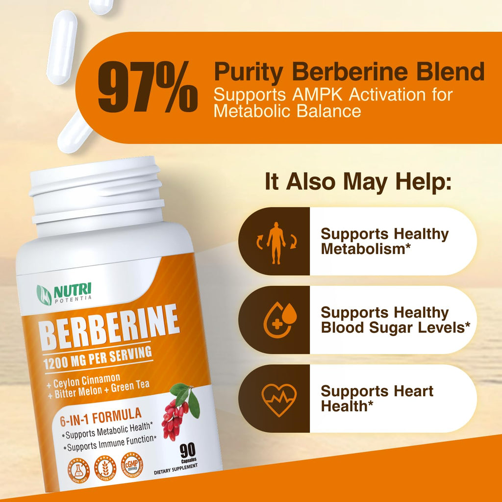 Organic Berberine Supplement-Berberine with Ceylon Cinnamon, Bitter Melon & Green Tea Extract, Supports Cholesterol Health & Immune Function. Third-Party Tested(Made & Tested in USA)-90 Capsules