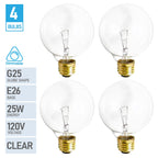 (4 Pack) G25 Globe Light Bulbs – 25W Incandescent, 2700K Soft White, E26 Base, Dimmable – Crystal Clear Vanity Bulbs for Bathroom, Mirror, Pendant Fixtures