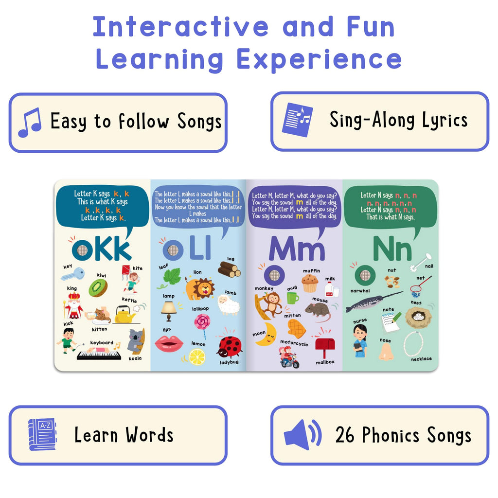 LEARNING BUGS Phonics Songs Book, 26 Letter Sound Songs, Preschool & Kindergarten Learn to Read for 3 Year olds, Perfect Toy and Gift for Toddlers Ages 2+
