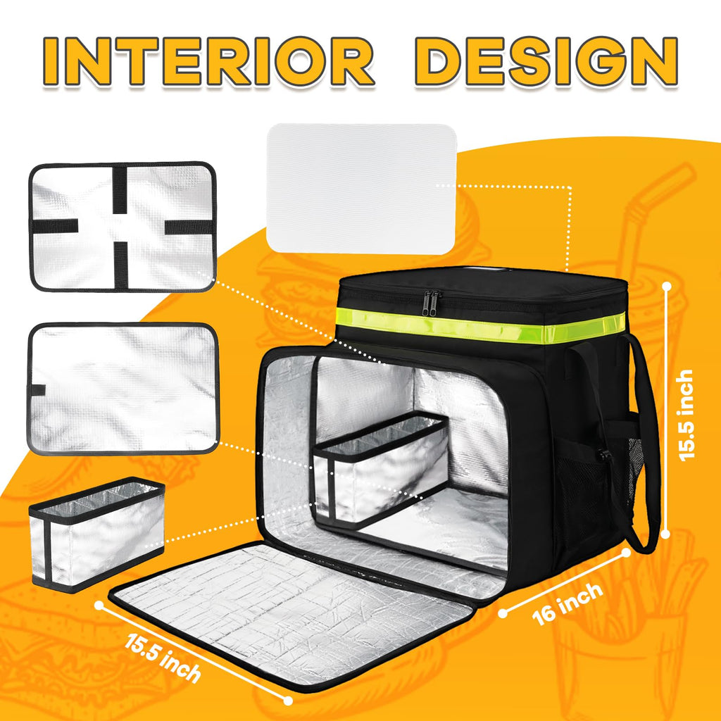 Ytonet Food Delivery Backpack with 7 Cup Holders, XX-Large Expandable Delivery Bag for Hot/Cold Food with Reflective Strip, Insulated Pizza Bags Fits for Bike, Uber-Eats, Grubhub, Doordash, Black