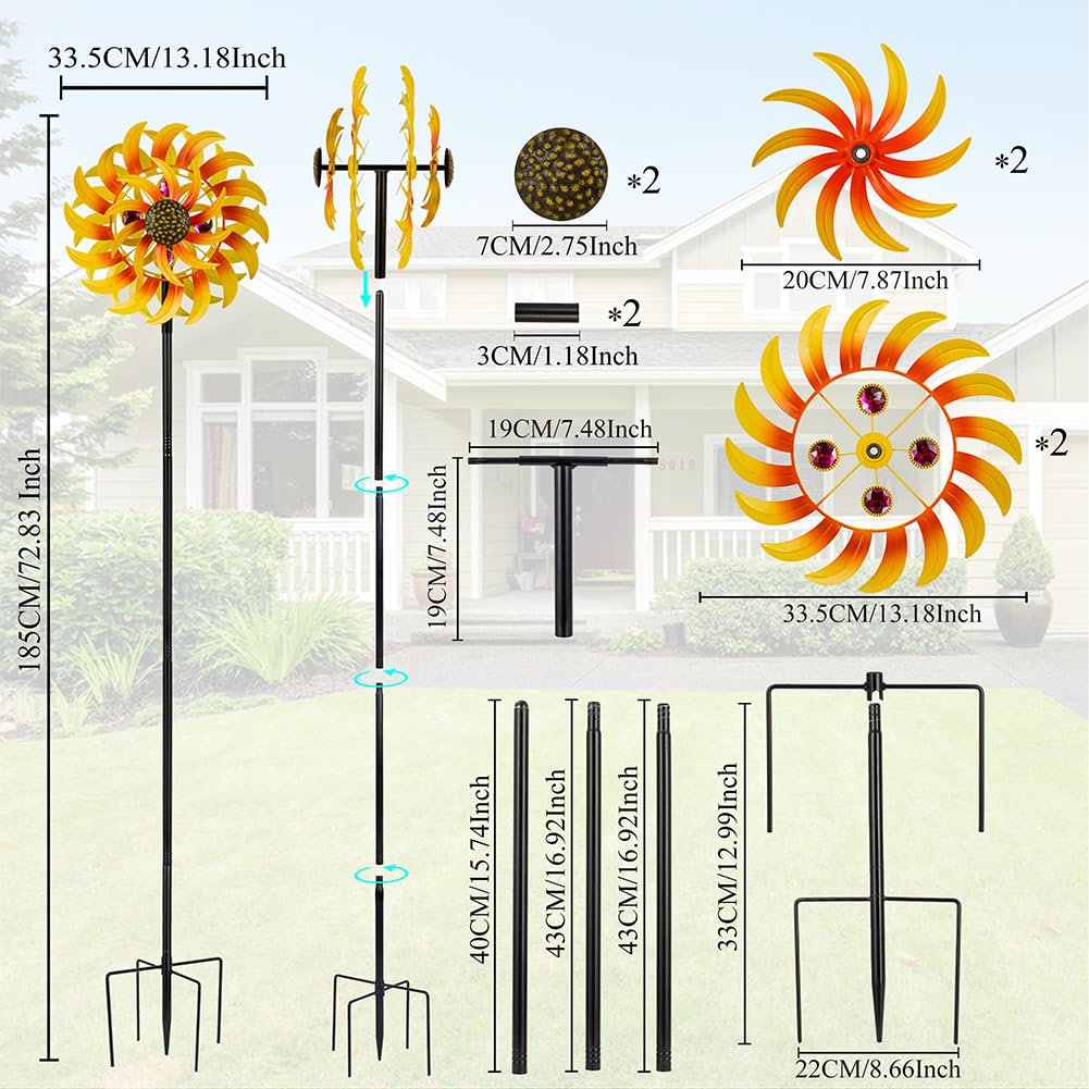 VEWOSTAR 13Inch Metal Sunflower Wind Spinner Outdoor Decor with Stake