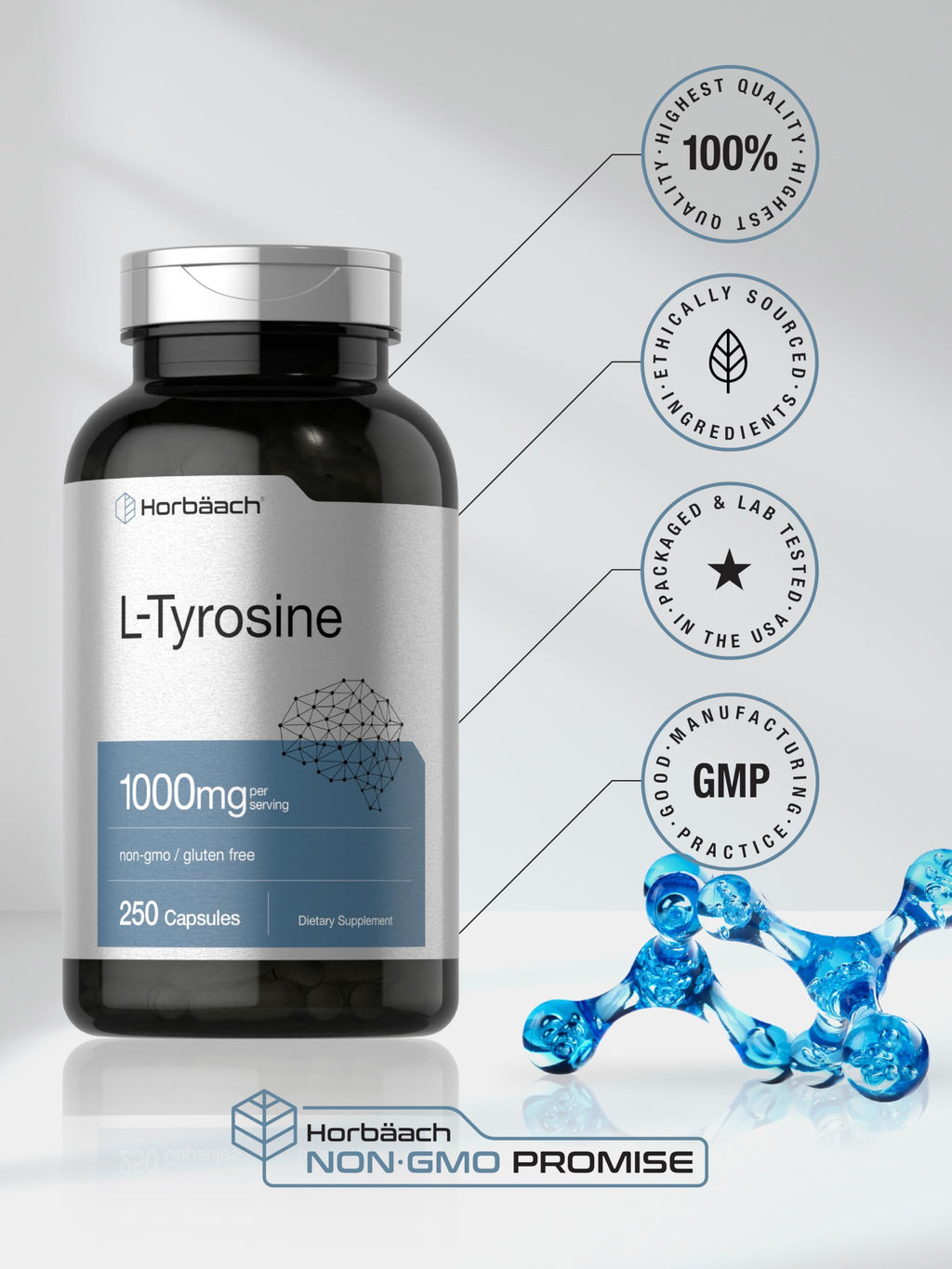 Horbäach L-Tyrosine Supplement | 1000mg | 250 Capsules | Non-GMO and Gluten Free Formula