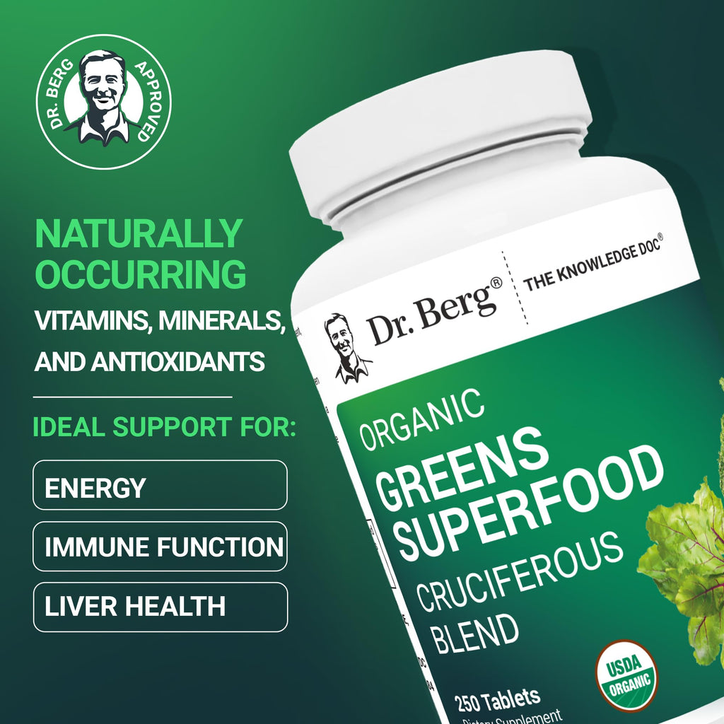 Dr. Berg's Greens Superfood Cruciferous Vegetable Tablets - Vegetable Supplements for Adults w/ 11 Phytonutrient Super Greens Tablets - Energy, Immune System & Liver Veggie Tablets - 250 Tablets
