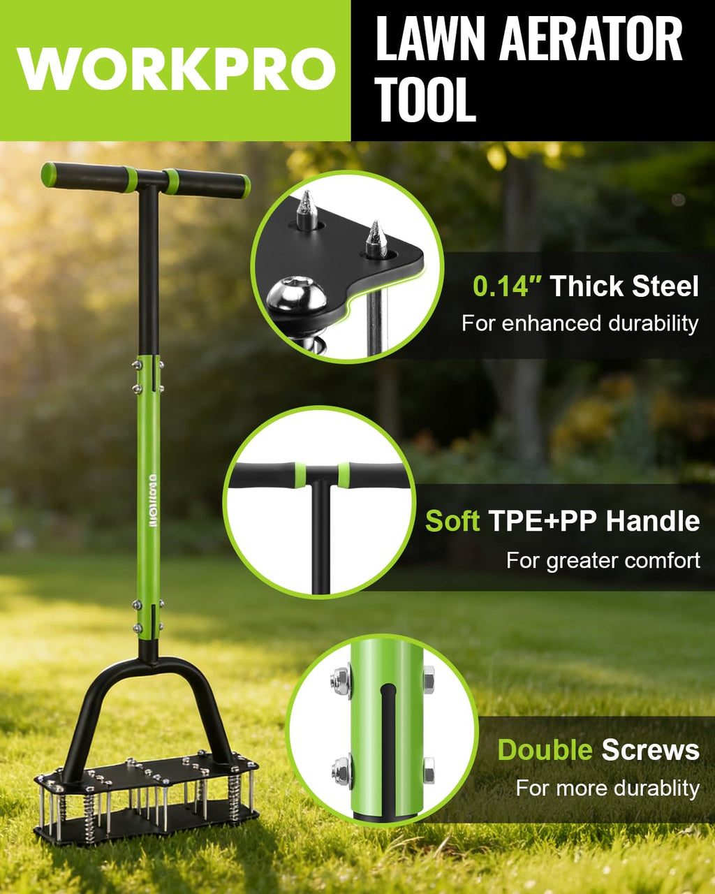 WORKPRO 38” Lawn Aerator Tool with 17 Spikes, Manual Lawn Aerators