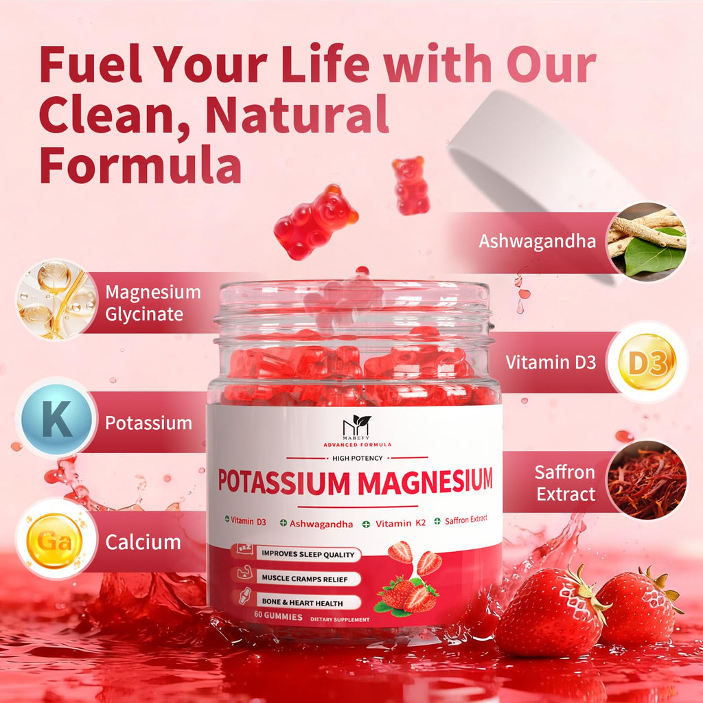 2 Pack Potassium Magnesium Gummies, Sugar Free Potassium Supplement Magnesium Glycinate 500mg, Ashwagandha, Vitamins D3, C, B6, Calcium & Zinc for Sleep, Leg Cramps & Muscle Relaxation-120 Count